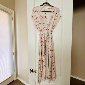 Cream and pink flower dress, deep v-neck. Small